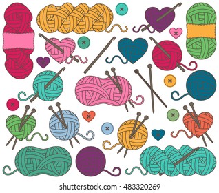 Cute Vector Collection of Balls of Yarn, Skeins of Yarn or Thread for Knitting and Crochet