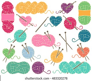 Cute Vector Collection of Balls of Yarn, Skeins of Yarn or Thread for Knitting and Crochet