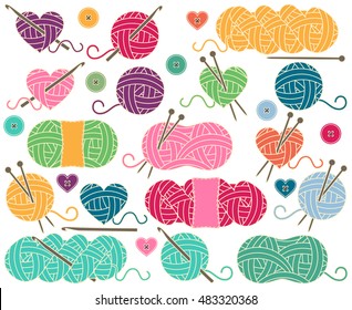 Cute Vector Collection of Balls of Yarn, Skeins of Yarn or Thread for Knitting and Crochet