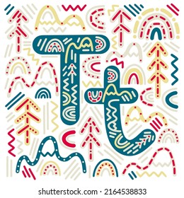 Cute vector collection of children's doodles in scandinavian style. Set of cartoon stickers with alphabet letter T, forest ornaments and rainbows for print, typography, textile, school, study, cards