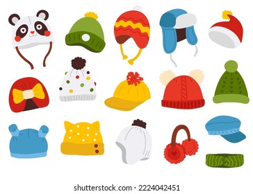 Cute vector collection of colorful baby winter hats