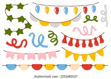 Cuidada colección vectorial de banderas coloridas y guirnaldas