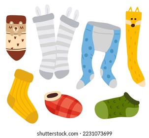Cute vector collection of colorful winter various childish socks and tights, knee socks