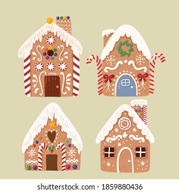 Cute vector Collection of Gingerbread house,sweet christmas traditional cookie in hand drawn style. 