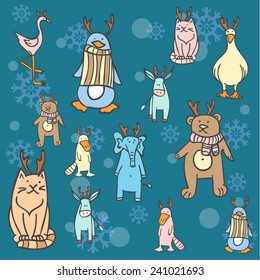 Cute vector collection  of hand drawn winter animals wearing deer horns on snowflakes background. Could be uses as Christmas card or background.