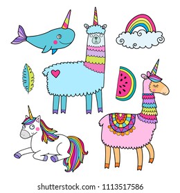 Cute vector collection with llama, unicorn and whale with horn. With rainbow colors and outlines.