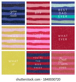 Cute vector collection of multicolor gift tags, teen BFF motivation cards, stickers, greeting cards. Stripes, glitter, confetti quirky decor, modern typography for Christmas, Valentine's, birthdays.