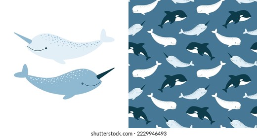 Cute vector collection with narwhal. Seamless pattern and animal illustration