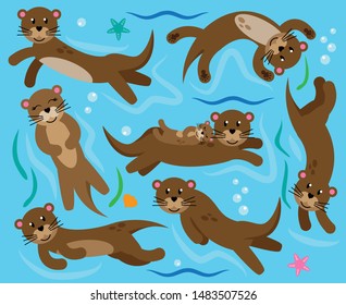 Cute Vector Collection of Otters in Water