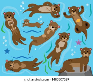 Cute Vector Collection of Otters in Water