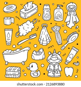 Cute vector collection of outline baby bathing doodles