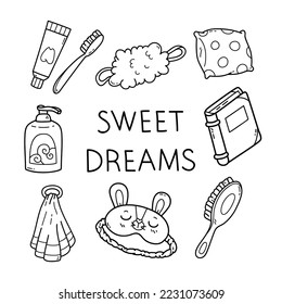 Cute vector collection of outline baby bathing and sleeping routine doodles