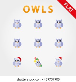 Cute vector collection of owls with different eye expressions.