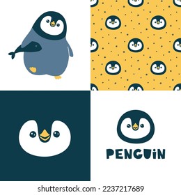 Cute vector collection with penguin. Seamless pattern and animal illustration