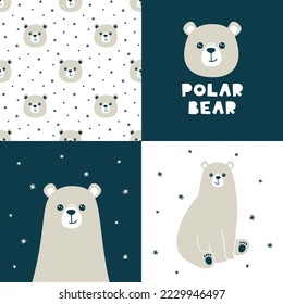 Cute vector collection with polar bear. Seamless pattern and animal illustration