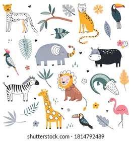 Cute vector collection of safari animals, elephant, dangerous alligator, wild cat, lion, flamingo, giraffe and tropical plants. Amasing set for kids design.