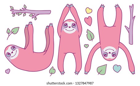Cute vector collection set with happy hanging cartoon pastel pink Sloth animals with leaves, tree branches and hearts