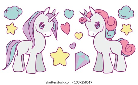 Cute vector collection set with pastel rainbow colored unicorns, stars, diamond, clouds and hearts suitable for children