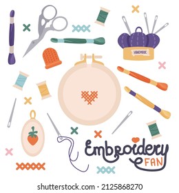 Cute vector collection with sewing and embroidery tools. Pins, needle pad, needle, scissors, wool and spool of threads. Vector illustration for design and print