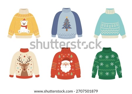 A cute vector collection of six colorful ugly Christmas sweaters with festive designs: Santa, polar bear, reindeer, Christmas tree, and snowflakes. Perfect for holiday fashion.