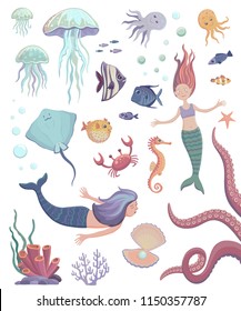 Cute vector collection with underwater world and mermaids. Isolated colored characters in cartoon style on a white background