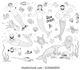 Cute vector collection with underwater world and mermaid men. 