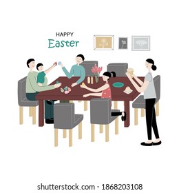 Cute vector color flat illustration with family celebrating easter holiday. Mom, dad, daughter, son and baby sit at the festive table and knock eggs. For greeting card, poster, banner.