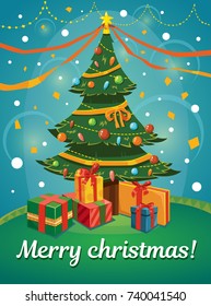 Cute vector color greeting card design template with Christmas tree and gift present boxes. Cartoon comic style illustration