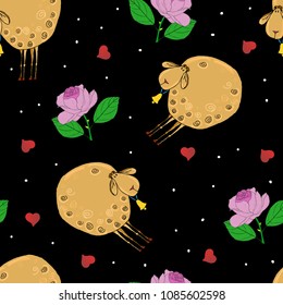 Cute vector colored illustration with colored sheeps, roses and hearts.