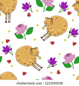 Cute vector colored illustration with colored sheeps, crocuses, roses and hearts.