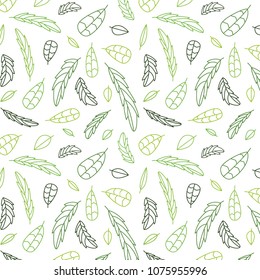 Cute vector colored outline leaf feather seamless pattern. Abstract print with leaves. Nature design for fabric, wrapping and textile. Green line Illustration on white background.