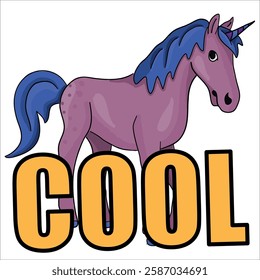 Cute vector colorful clipart icon, can be used also as an emoticon or sticker: cartooned horse character with text COOL