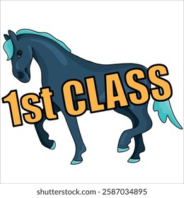 Cute vector colorful clipart icon, can be used also as an emoticon or sticker: cartooned horse character with text 1st CLASS