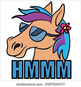 Cute vector colorful clipart icon, can be used also as an emoticon or sticker: cartooned horse character with text HMMM