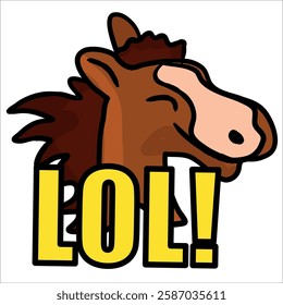 Cute vector colorful clipart icon, can be used also as an emoticon or sticker: cartooned horse character with text LOL