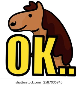 Cute vector colorful clipart icon, can be used also as an emoticon or sticker: cartooned horse character with text OK