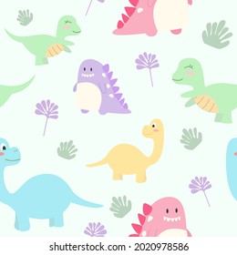 Cute vector colorful dinosaur seamless pattern on light background with little trees and grass