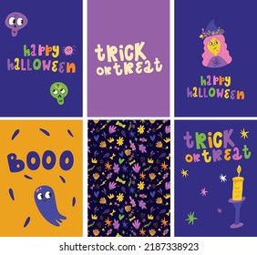  Cute vector colorful greeting card collection for Halloween with cute elements, cute witch, boo, cute ghosts, and trendy colors.