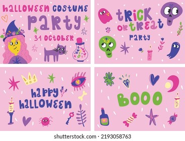 Cute vector colorful hand-drawn greeting card collection for Halloween with cute elements, cute witch, boo, cute ghosts, and trendy colors. Hand-written text. Vector illustration