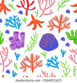 Cute vector colorful seamless pattern with red corals on white background. Coral reef, shells, star fish.