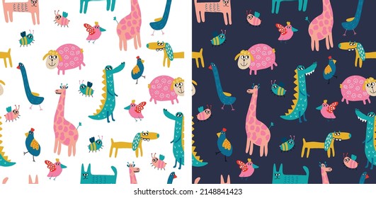 Rasgos vectoriales coloridos sin costura con animales para niños textiles o tejidos.