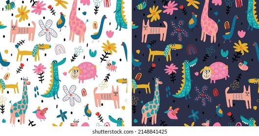 Cute vector colorful seamless patterns with animals for kids textile or fabric. With floral elements and shapes