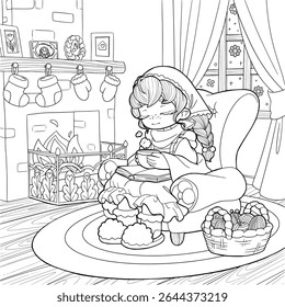 Cute vector coloring page of a cottagecore girl sitting by the fireplace on a winter evening. Cozy scene with hot drink, wool slippers, yarn basket and snowflakes outside. Printable line art.