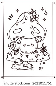 cute vector coloring page with fun mushroom character for your prints, books or hobbies