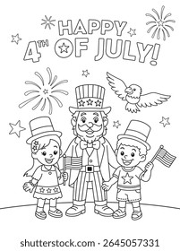 Página de colorir bonito vetor de crianças e tio Sam comemorando 4 de julho com fogos de artifício e bandeiras. Perfeito para atividades do Dia da Independência e uso em sala de aula.
