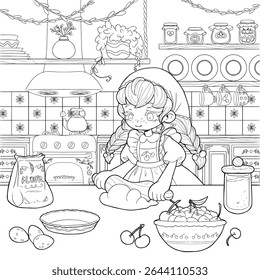 Cute vector coloring page of a little girl baking cherry pie in a cozy cottagecore kitchen. Hand-drawn line art with flour, eggs, cherries and vintage stove. Perfect for kids and printables.