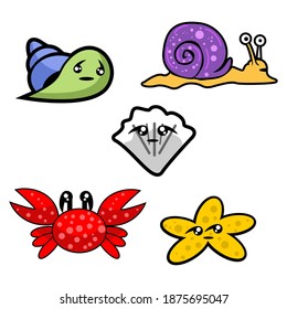 
cute vector colors of snails, clams, crabs and starfish