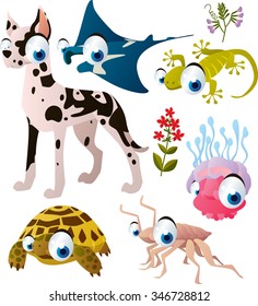 cute vector comic animal collection: dog, manta ray, gecko, jelly fish, tortoise, isopod. Illustration for kids book, apps or interior design, stickers or banners