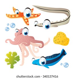 cute vector comic cartoon fish set: collection of sea life animals for children book illustration, flash card games, stickers or mobile applications: starfish, octopus, sponge, tilefish, quillfish