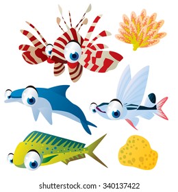 cute vector comic cartoon fish set: collection of sea life animals for children book illustration, flash card games, stickers or mobile applications: coryphaena, zebra fish, coral, dolphin, sailfish